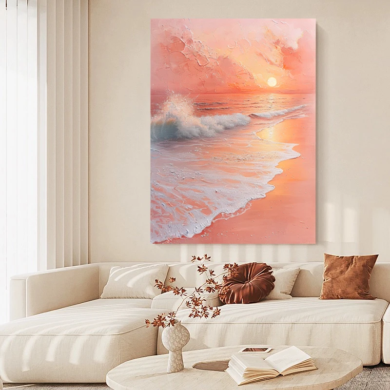手绘油画《粉色海洋》现代客厅装饰画玄关餐厅挂画浪漫治愈系海景画