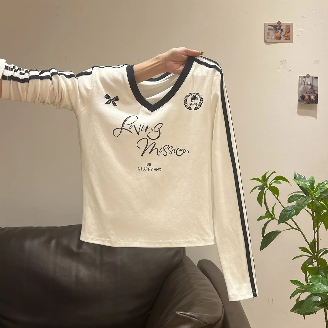 韩版设计感白色V领蝴蝶结印花撞色长袖T恤女2026秋季新款辣妹上衣