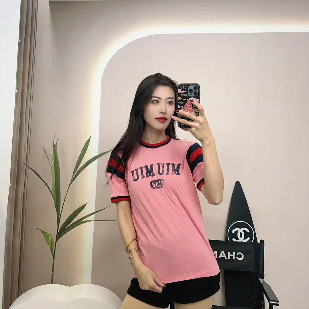 95新 MIU MIU/缪缪 麦殿/粉色短袖s码/250121DLJ1E01