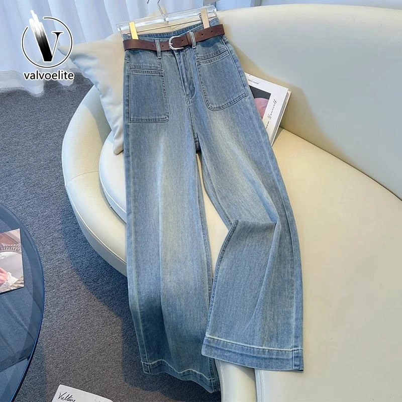 VALVOELITE高腰阔腿牛仔裤女夏季新款大码梨形身材宽松窄版直筒裤
