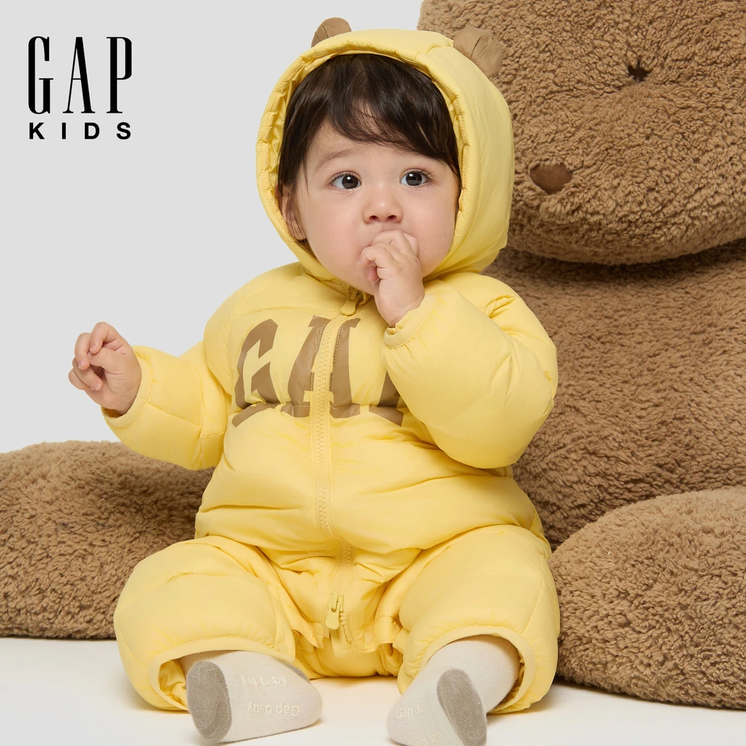 Gap婴儿2025秋季新款logo羽绒连帽开裆连体衣装爬服805380
