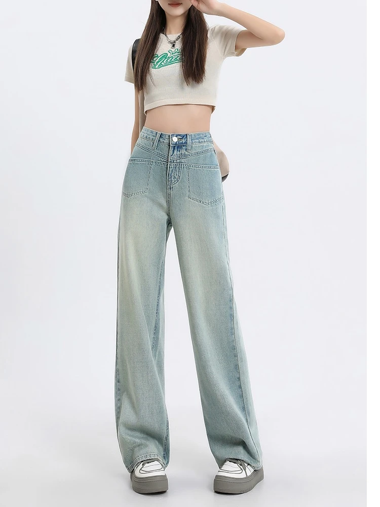 阔腿牛仔裤女2025春装新款宽松垂感显瘦设计感百搭拖地裤子#8223#