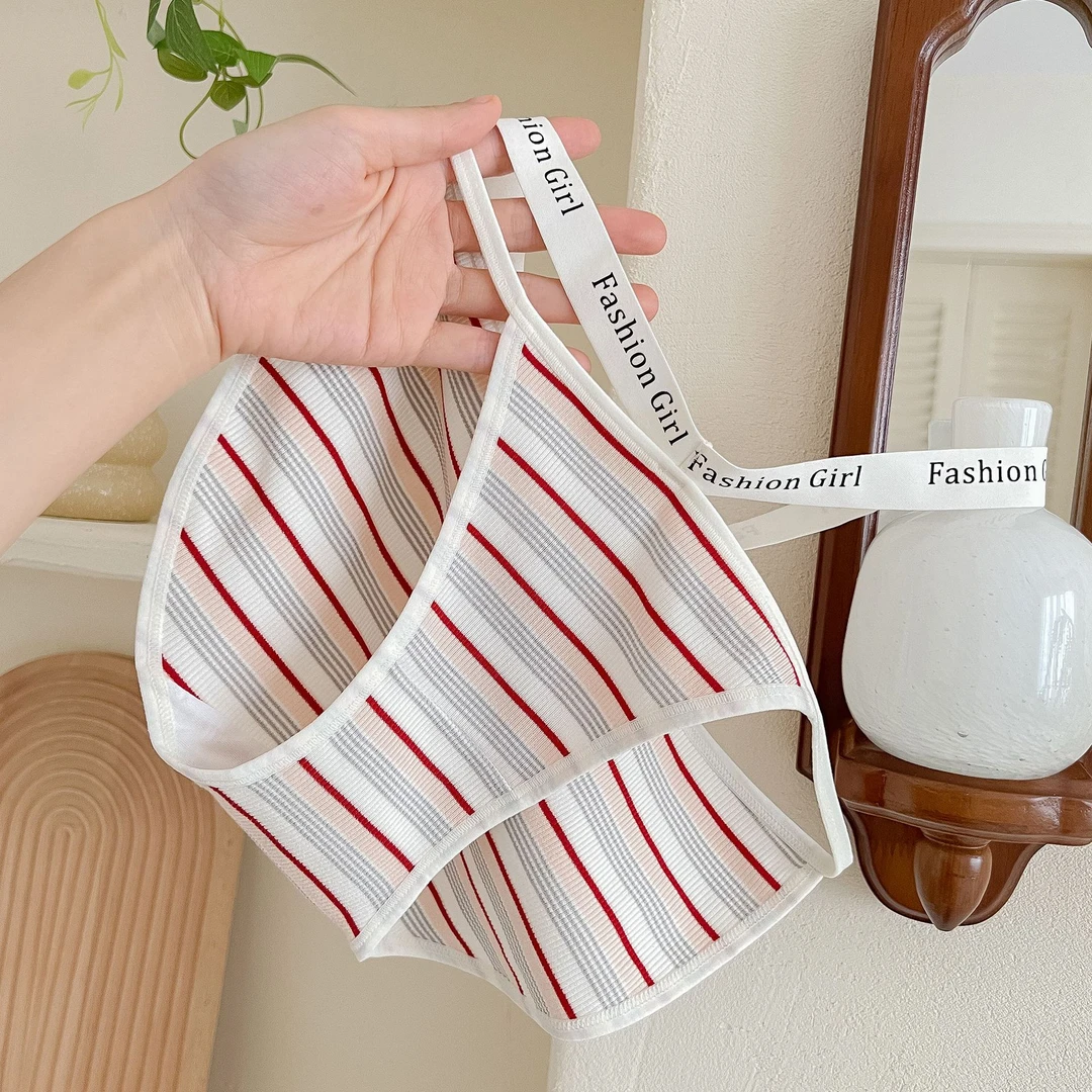 显腰镂空内裤女性感彩色条纹拼接薄款7A抗菌三角裤撞色