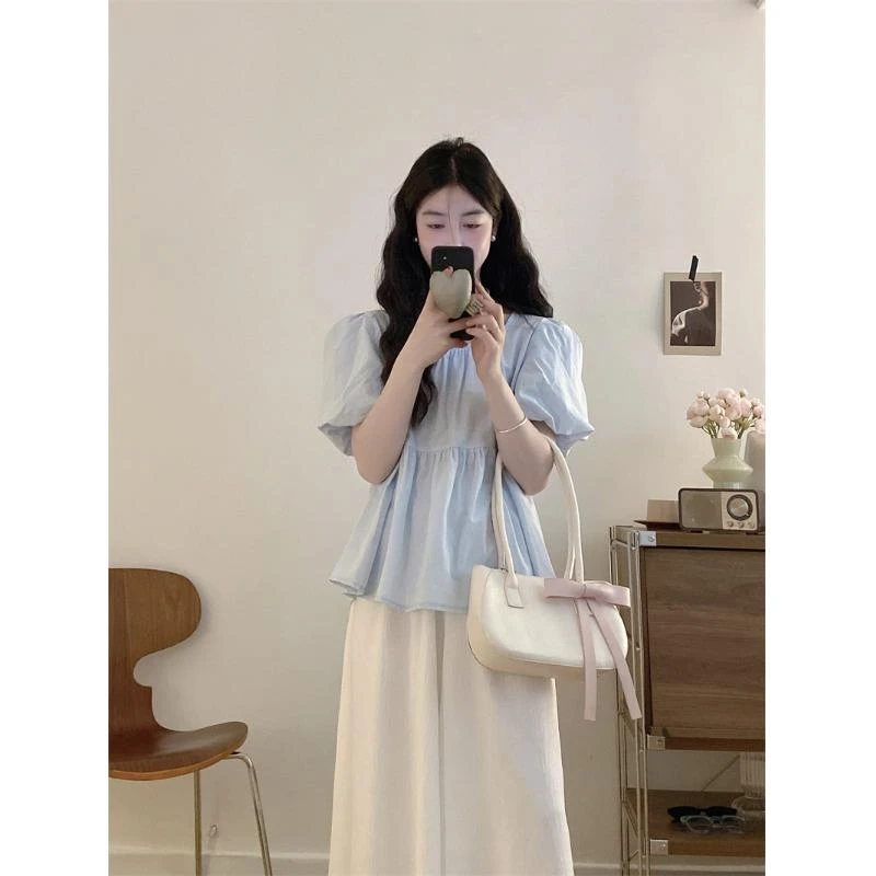 大码胖mm2025夏季小清新方领露背泡泡袖衬衣休闲阔腿裤裙两件套女