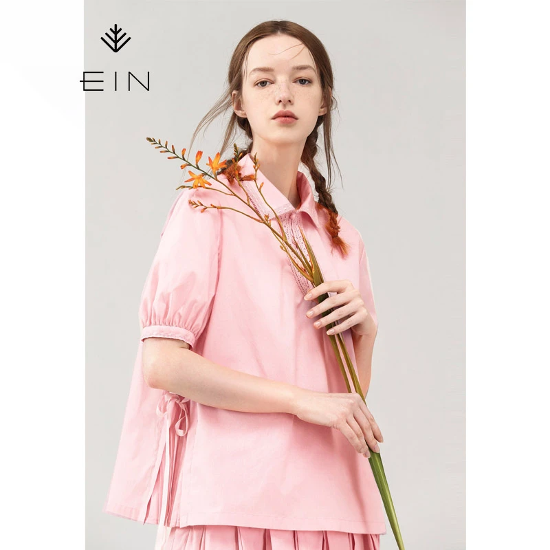 EIN/言文艺原创短款翻领蕾丝刺绣泡泡短袖上衣女装