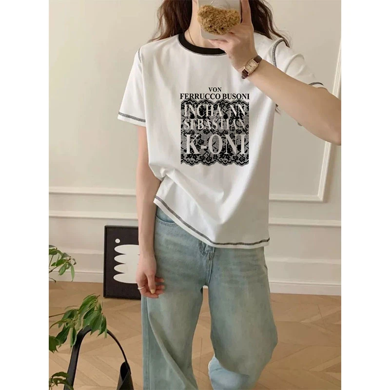 正肩印花拼色明线短袖女t恤设计感时尚百搭白色上衣2025新款夏季