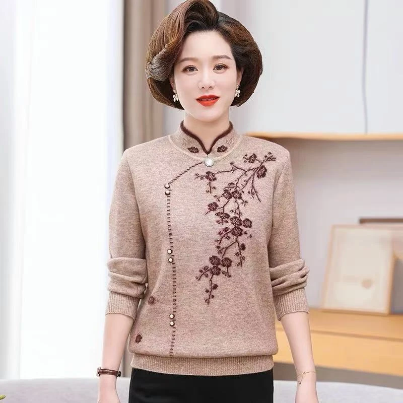 8809款旗袍领一体绒妈妈保暖毛衣-TM