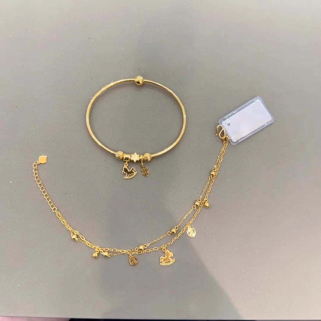 铜合金手镯 马上有钱木马吊坠手链女款小众设计轻奢时尚叠戴手镯