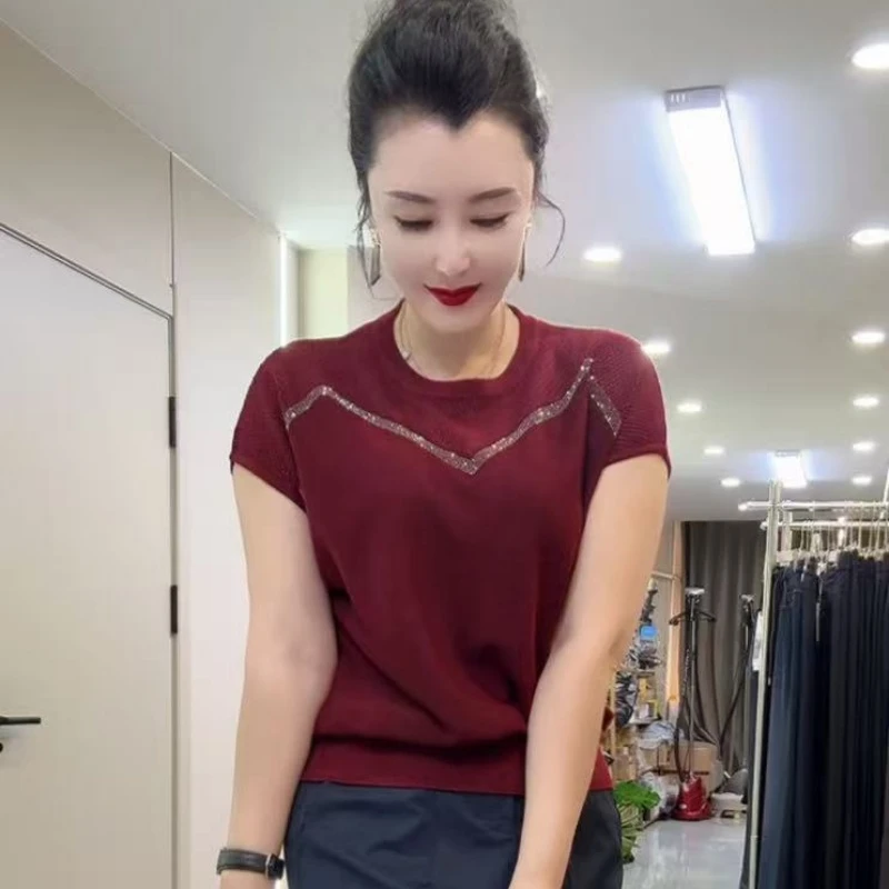 609法式毛针织衫修身圆领短袖气质秋季休闲风衫拼接显瘦百搭套头