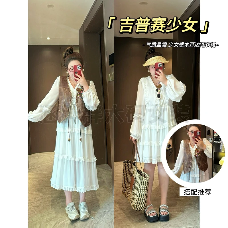 【涵胖胖】吉普赛少女~气质显瘦 少女感木耳边连衣裙XZ85116【S】