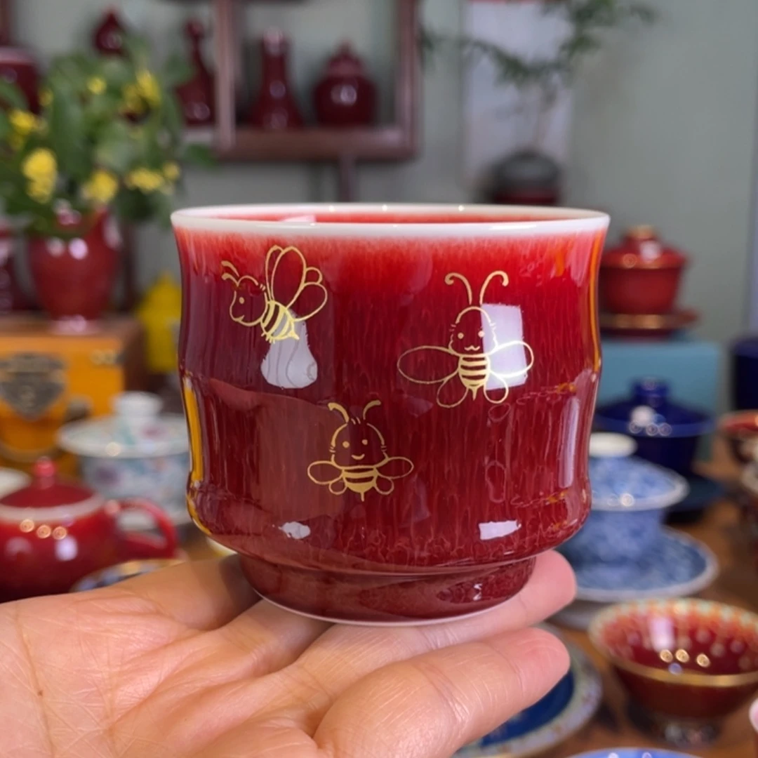 清欢雅玩原矿郎红描金竹节杯