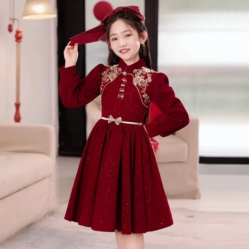 小猪班纳【断码】女童秋冬红色礼服连衣裙新款中大童拜年服儿童中国