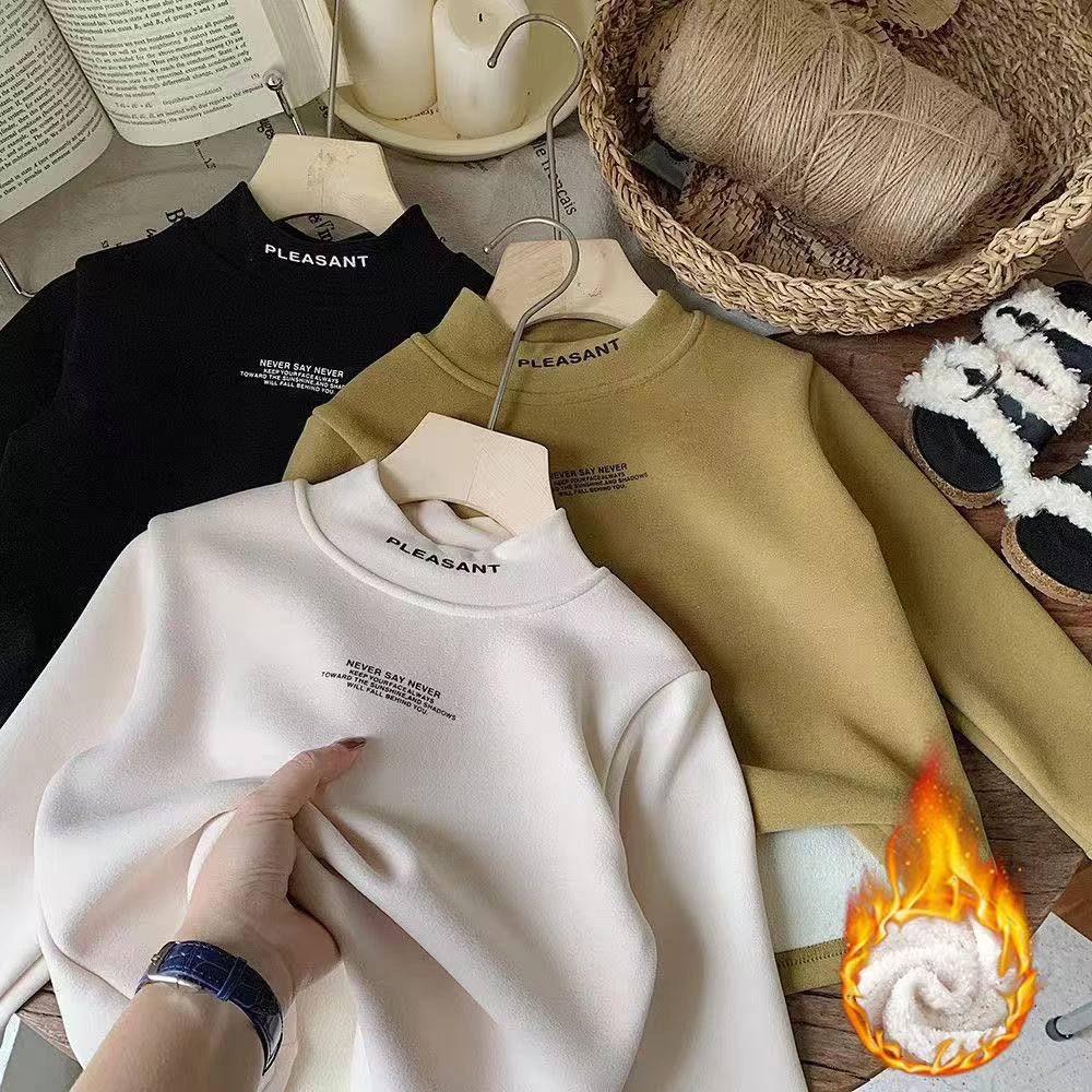 男宝宝加绒保暖衣女童德绒加厚打底衫女童加绒秋衣半高领儿童长袖