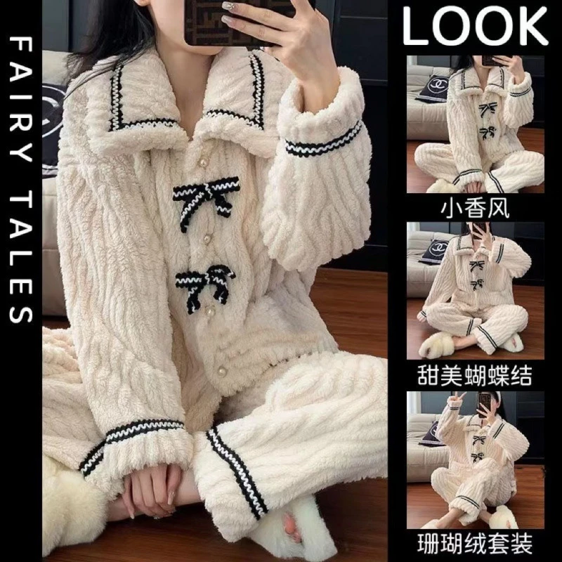 2025春冬季新款舒棉绒保暖女士加绒加厚睡衣家居服套装