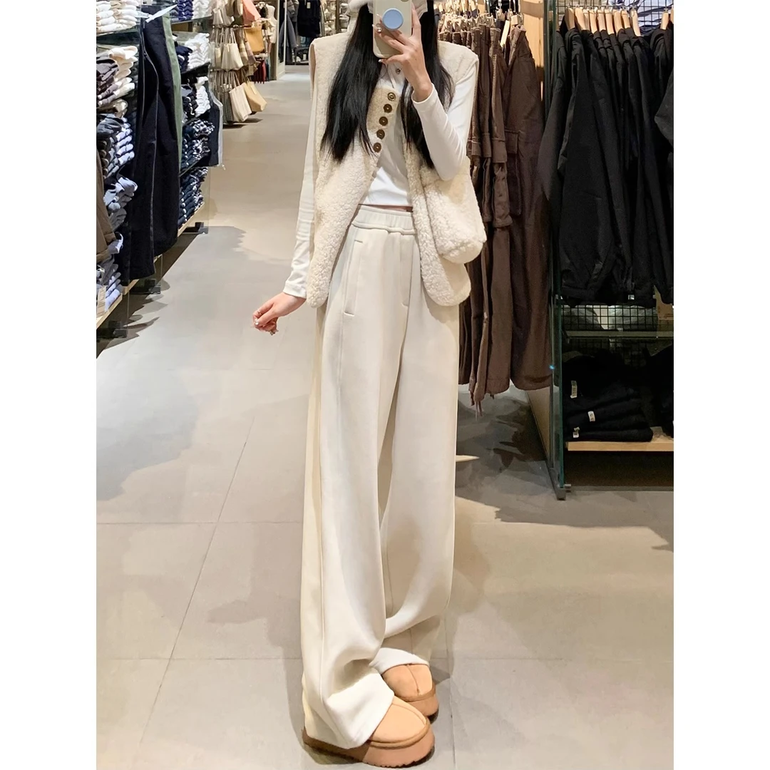 米白色毛呢裤子2024秋冬季新款加厚高腰直筒糯米裤弯刀阔腿裤女