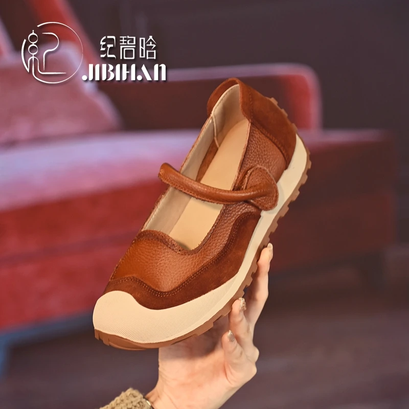 纪碧晗真皮浅口单鞋女春季新款圆头平底休闲鞋软底便捷玛丽珍鞋