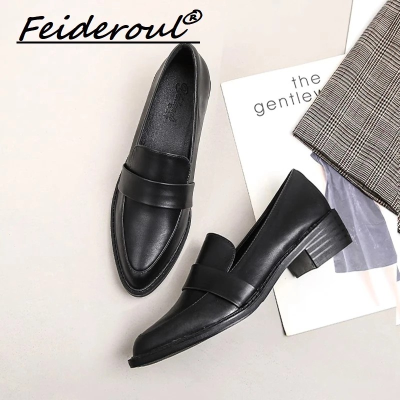 Feideroul尖头小皮鞋女2025新款英伦风工作乐福鞋一脚蹬粗跟单鞋