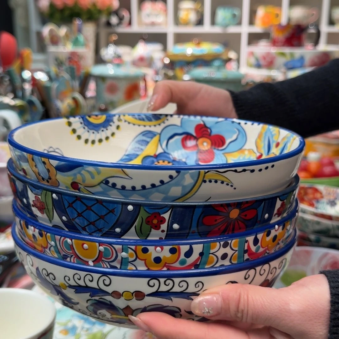 瓷片外贸8英寸深盘4只，蓝色组合