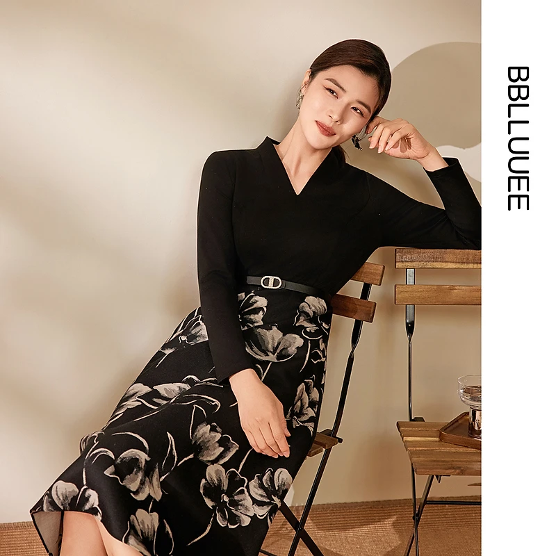【墨韵提花】BBLLUUEE/粉蓝衣橱2025秋冬女装新款针织拼接连衣裙