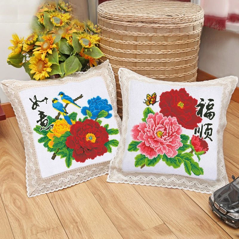 新款牡丹如意十字绣抱枕自己绣客厅靠垫枕头套刺绣手工打发时间