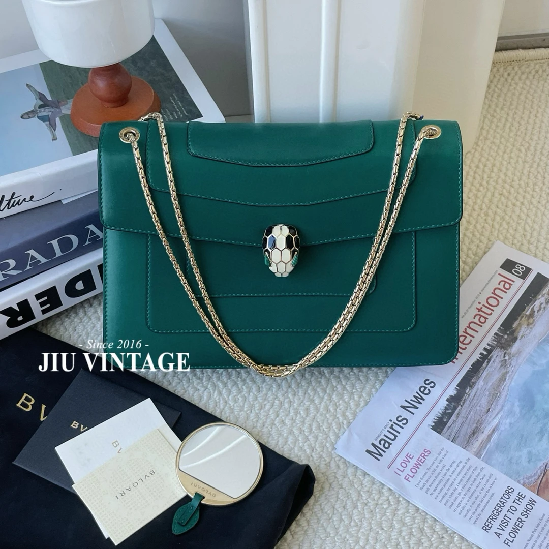 95新 BVLGARI/宝格丽 宝格丽蛇头包绿大号镜子说明书BJM20-0113