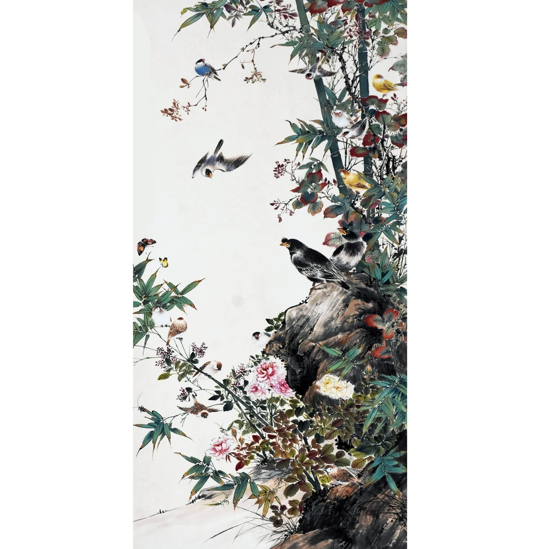 HM9033 群鸟躁春图 99×49cm 纸本立轴 4.3平尺
