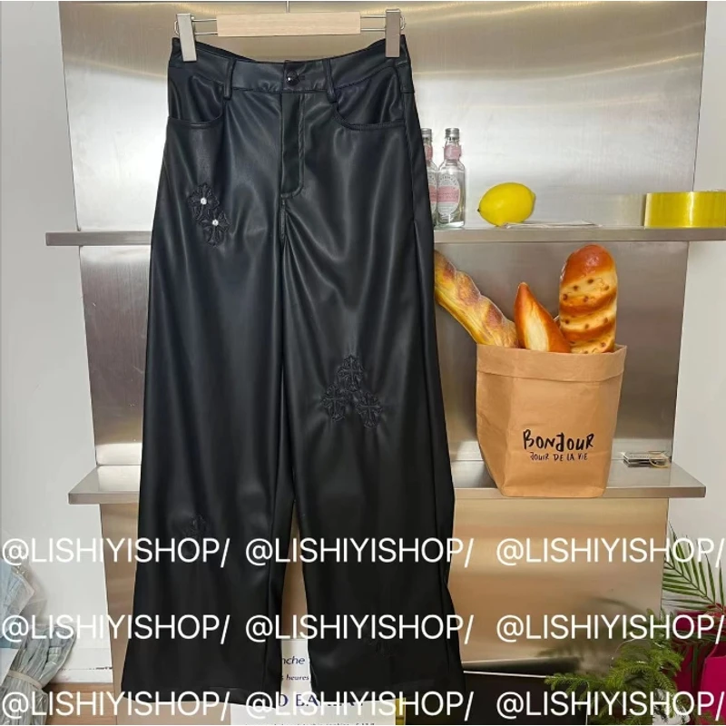 【李十一LISHIYI】直筒休闲裤高腰显瘦pu皮裤 44036