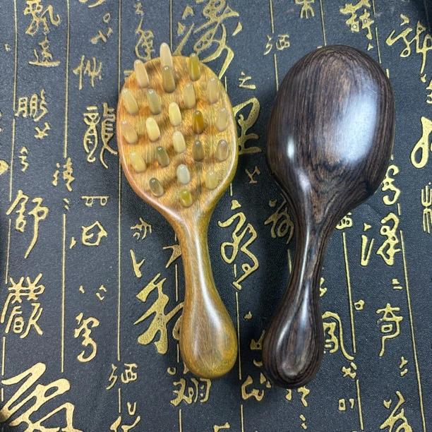 天然绿檀紫光檀木羊角22齿手柄梳便携可手工插齿按摩头部家用