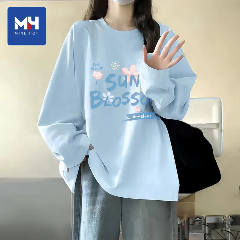 唐狮集团MH纯棉长袖t恤女2025新款春秋蓝色小个子正肩打底衫上衣P