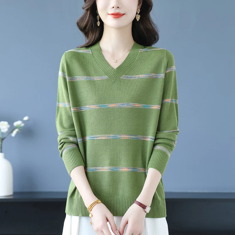 春秋2025新款大码条纹针织衫女士宽松显瘦上衣内搭秋冬V领打底衫