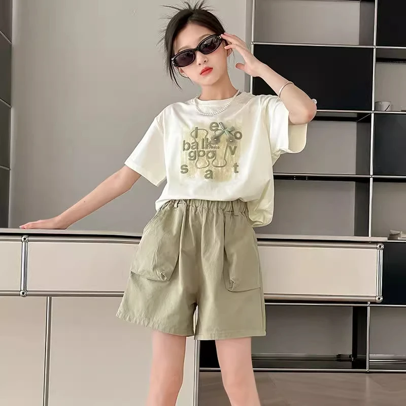 女童夏装短袖套装运动短裤潮牌2025夏季新款儿童中大童帅气两件套