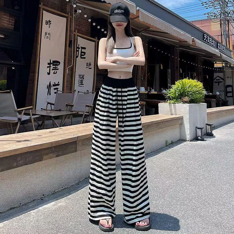 美式黑白条纹阔腿休闲裤女夏季冰丝薄款抽绳松紧腰显瘦垂感拖地裤