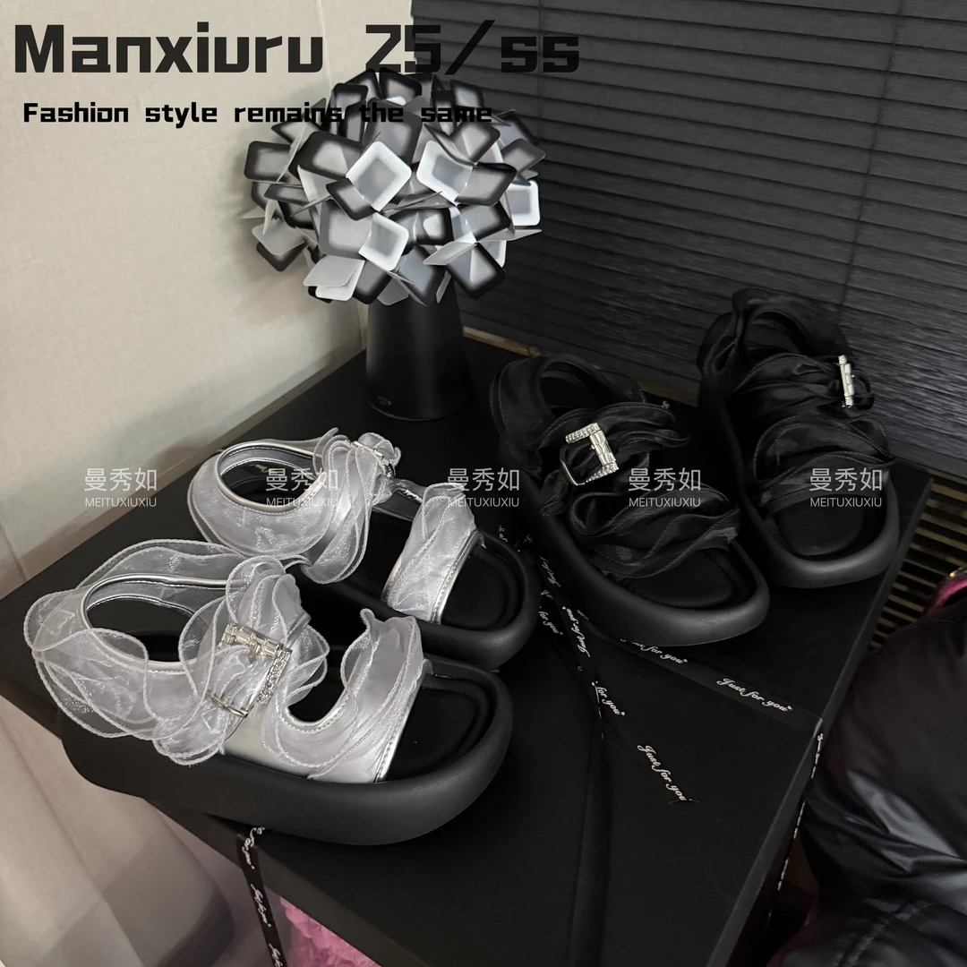【曼曼测版】ManXR-“鎏纱杳杳”纯色高级日常松糕增高一字拖轻奢凉鞋