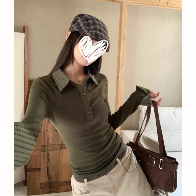 2025秋季新款复古橄榄绿同色系拼格子设计polo领T恤修身显瘦上衣