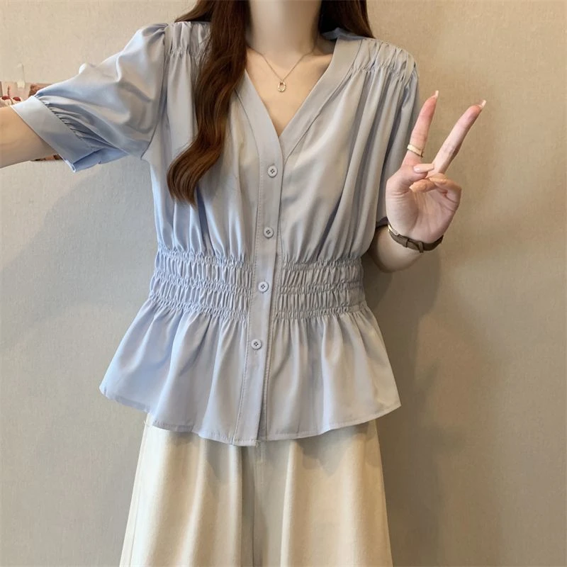 夏季2025新款褶皱大码女装短袖衬衫收腰设计感遮肚显瘦洋气上衣女