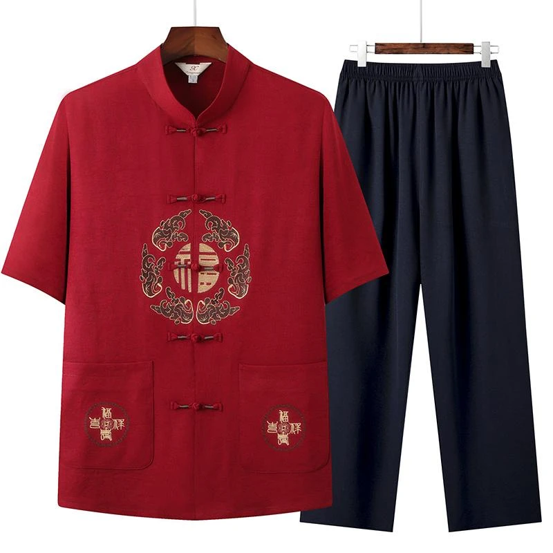 唐装男短袖爸爸套装中老年男装男款宽松汉服中国风冰丝夏装爷夏季