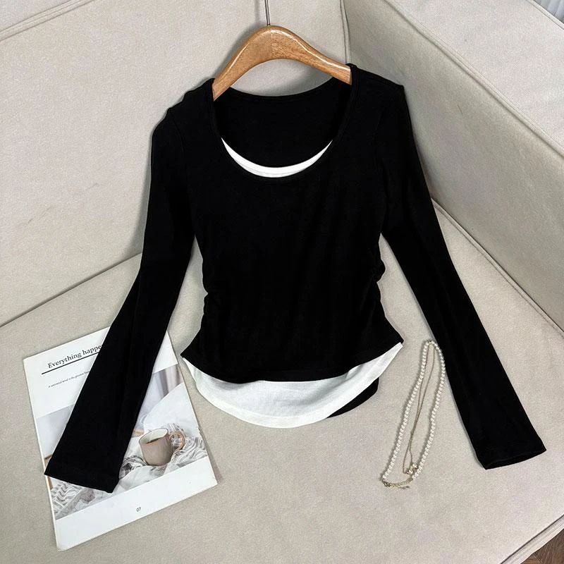 秋冬新款设计拼色假两件长袖T恤女休闲撞色内搭修身上衣打底衫ins