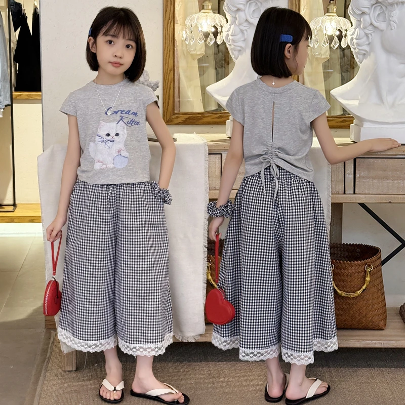 女童夏季2025新款蝴蝶结猫咪印花短袖百搭宽松阔腿休闲裤两件套潮