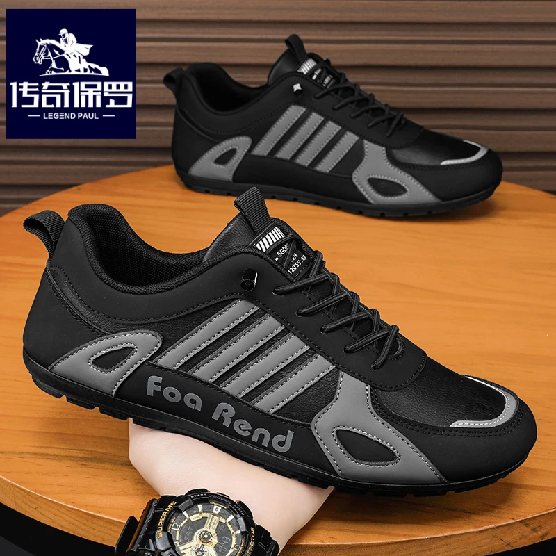 传奇保罗正版一脚蹬男鞋冬季防水防滑劳保鞋男士黑色皮面阿甘板鞋