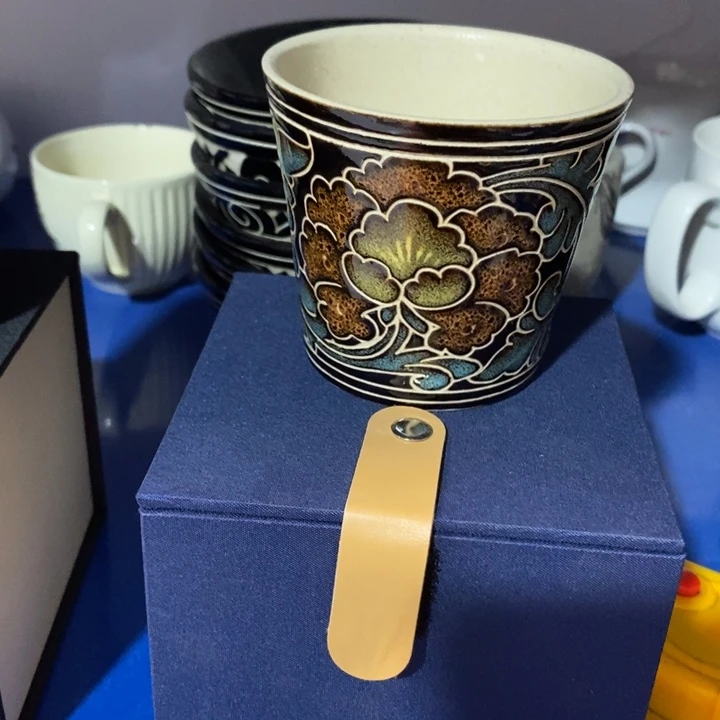 瓷片磁州窑黑刻填彩茶杯礼盒装