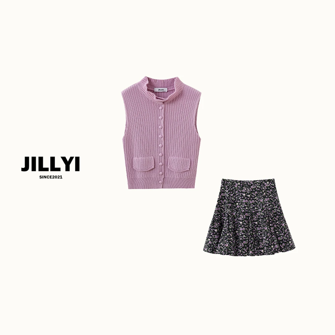 JILLYI【干枯玫瑰】+【雏菊碎花】浅紫色时尚马甲+碎花半裙套装气质