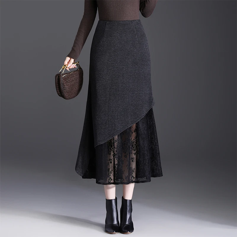 蕾丝金丝绒洋气鱼尾裙中长款2025秋冬遮臀围半身裙高腰显瘦百搭款