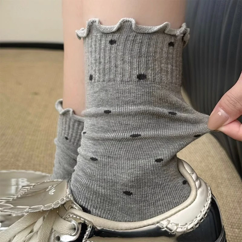 灰色袜子女款春秋季堆堆袜花边波点袜搭配德训鞋穿中筒袜春秋长袜