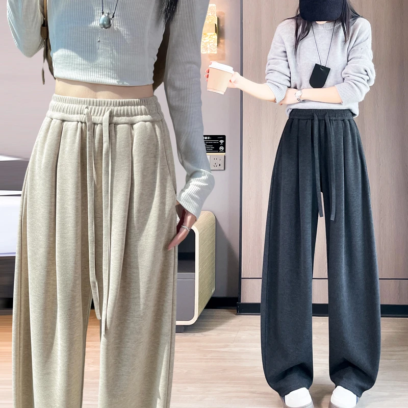 高腰秋冬新款加绒糯米裤女小个子九分休闲直筒裤显瘦窄版阔腿裤女
