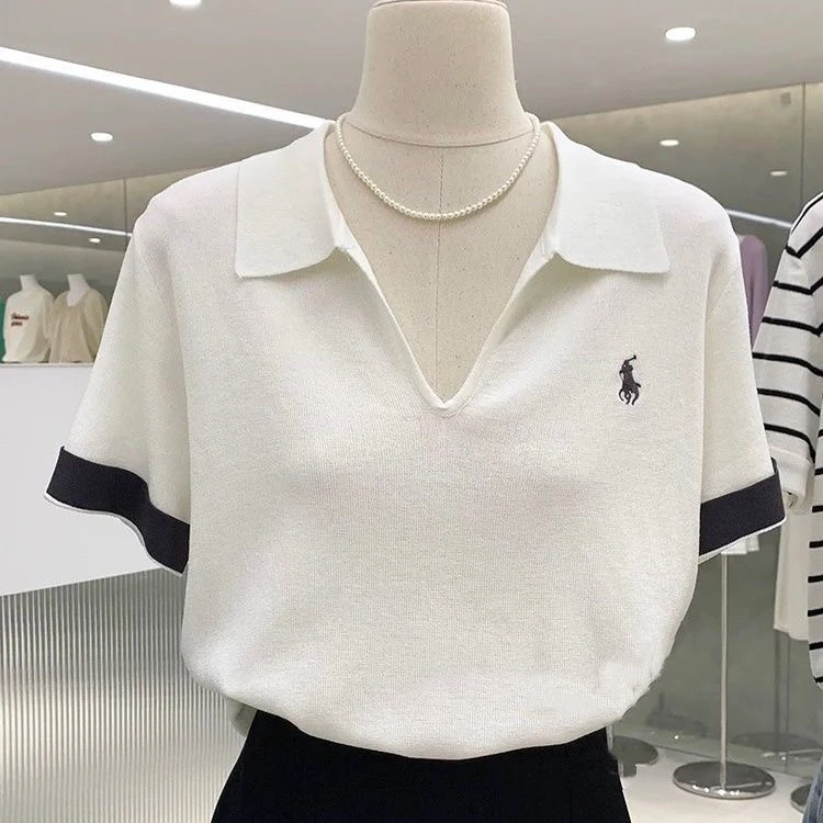 【80-180斤】Polo领刺绣高级感上衣女夏季薄款冰丝短袖显瘦正肩上衣