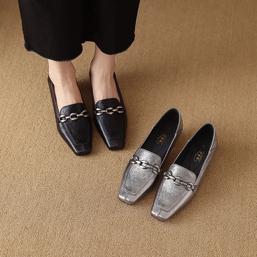 1893-3单鞋女2025春季新款粗跟中跟鞋小方头银色皮鞋法式真皮女鞋