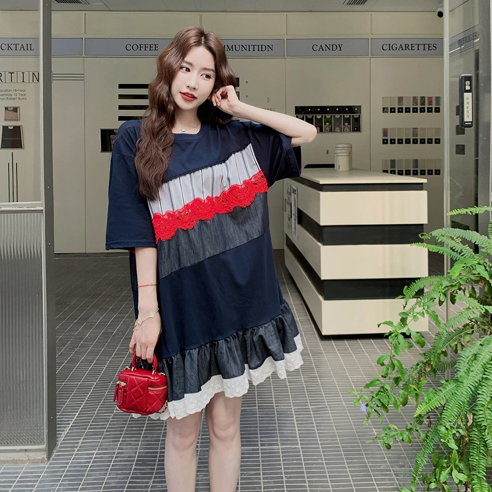 设计款宽松学生短袖裙子撞色蕾丝拼接显瘦T恤连衣裙女夏季设计感