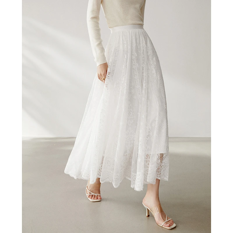 晚白【超大摆 用料足】2025春时尚纯色半裙蕾丝半身裙25011759