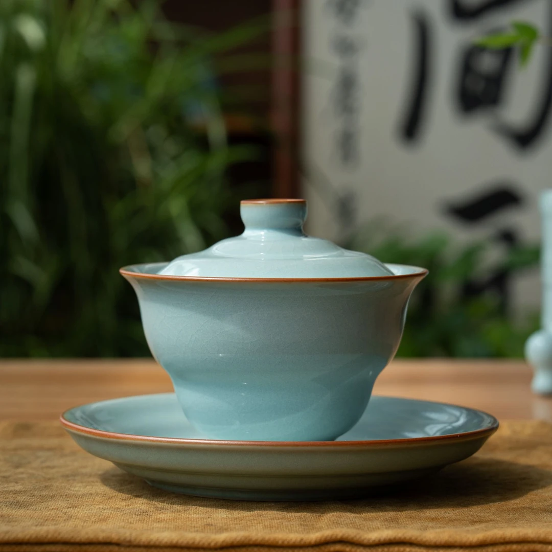 简匠汝窑非遗原矿天青釉开片可养葫芦盖碗150ml