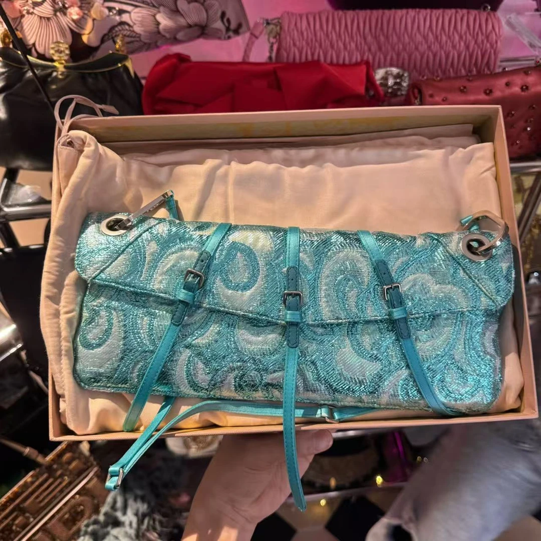 95新 MIU MIU/缪缪 辣辣/98新/超美秀款提花刺绣法棍单肩包